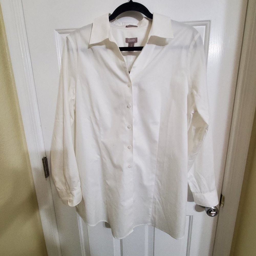 Chico's White Cotton Long Shirt w/Button Cuffs & Princess Seams NWT Sz 2